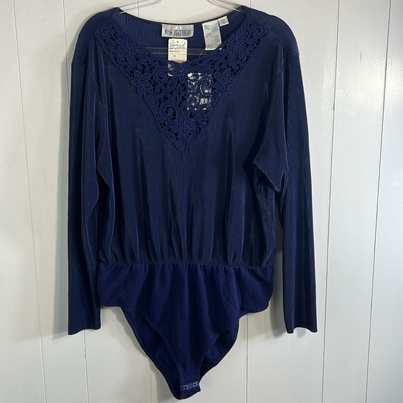 NWT Together Long Sleeve Ribbed Bodysuit Crochet Design Blue Women Size 1X - Picture 1 of 9